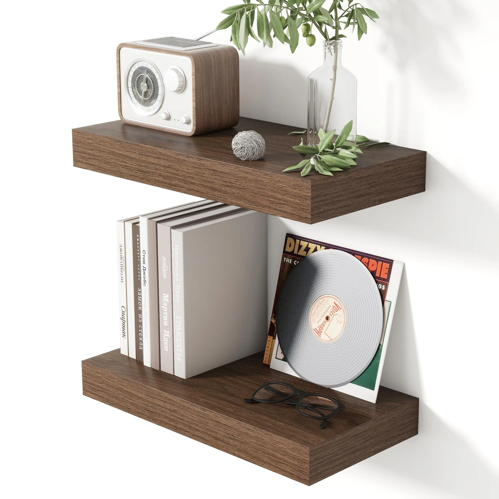 2 PCS 16 Inch Floating Shelves Walnut Wall Mounted Rustic Wood 8 Inch Deep