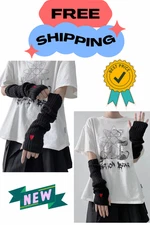 Women's Y2k Arm Warmers Heart Knit Arm Sleeves Fingerless Gloves Black One-Size