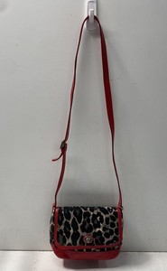 Coach Red Leopard Print Canvas Leather Crossbody Bag Silver Hardware Turnlock