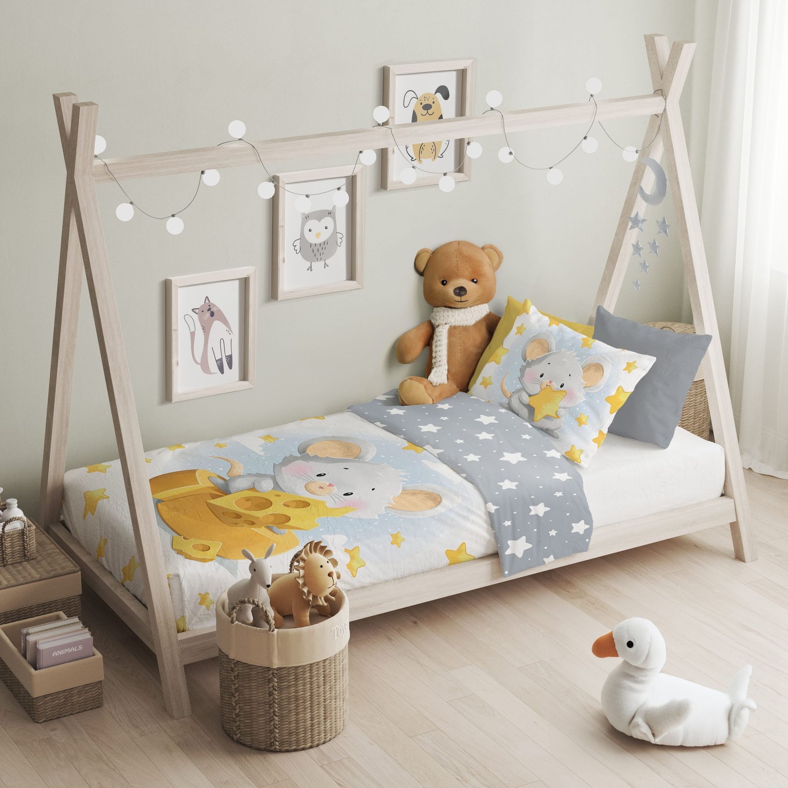 Set lenzuola bambino con topo e formaggio 2 pezzi 100x135 cm 100% cotone foto 2