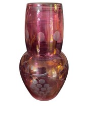 Vintage Cranberry Glass Etched Grape & Vine "Tumble Up" Bedside Carafe & Tumbler