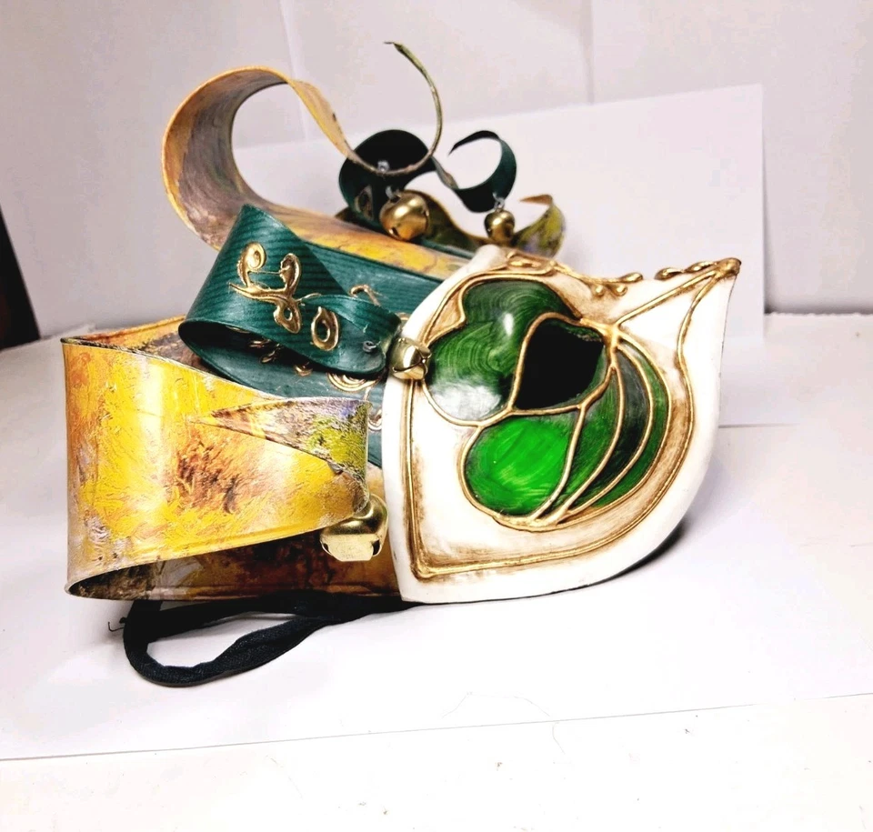Venetian Carnival Mask Masquerade Italy Beak Green Yellow Black Gold Vintage - Image 4 of 4