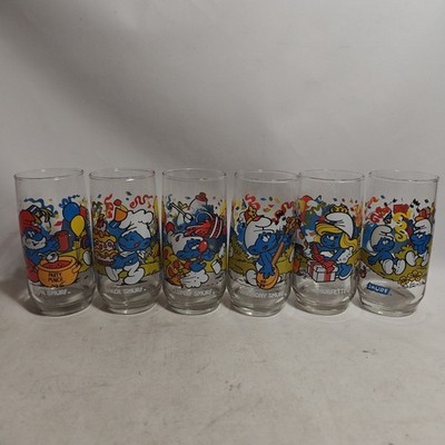 6 Smurf Drinking Glasses Papa Smurfette Clumsy Baker Harmony Good Color Vintage