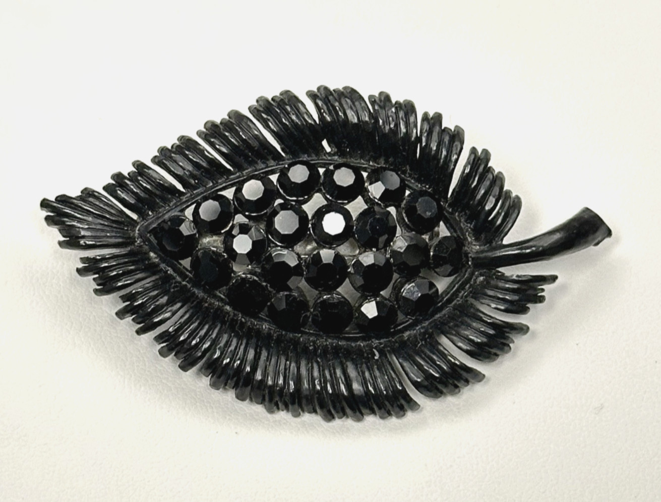 Vintage Mourning Jewelry Black Rhinestone Black Metal Leaf Brooch Pin