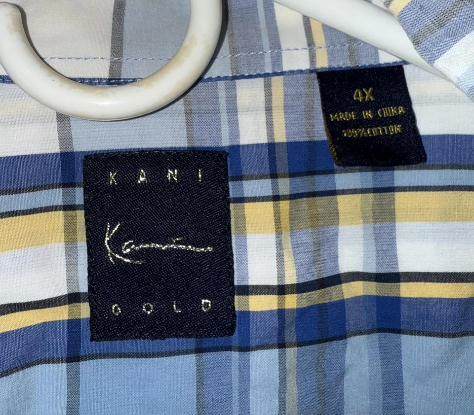 Camisa De Colección Karl Kani Dorada Para Hombres 4XL Cuadros Abotonada Manga Corta Bolsillo Algodón Foto 3 de 3