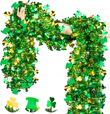 33 Ft St.Patrick'S Day Decorations Garland Tinsel, St Paddys Shamrocks  Metallic
