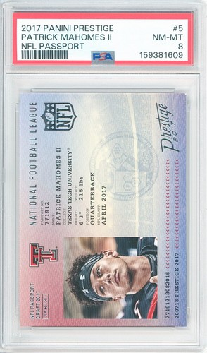 2017 Panini Prestige PATRICK MAHOMES II #5 NFL Passport Rc 💎 PSA 8 NM/Mint