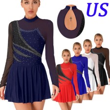 Womens Rhinestone Figure Ice Skating Dress Gymnastic Competition Roller Skating