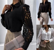 Womens Ladies Plus Size Summer T Shirts Tee Work Tops Blouse Lace Long Sleeve UK