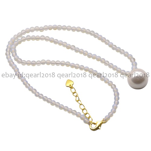 4mm Natural Assorted Gemstone 14mm Round White Shell Pearl Pendant Necklace 18'' - Picture 86 of 198
