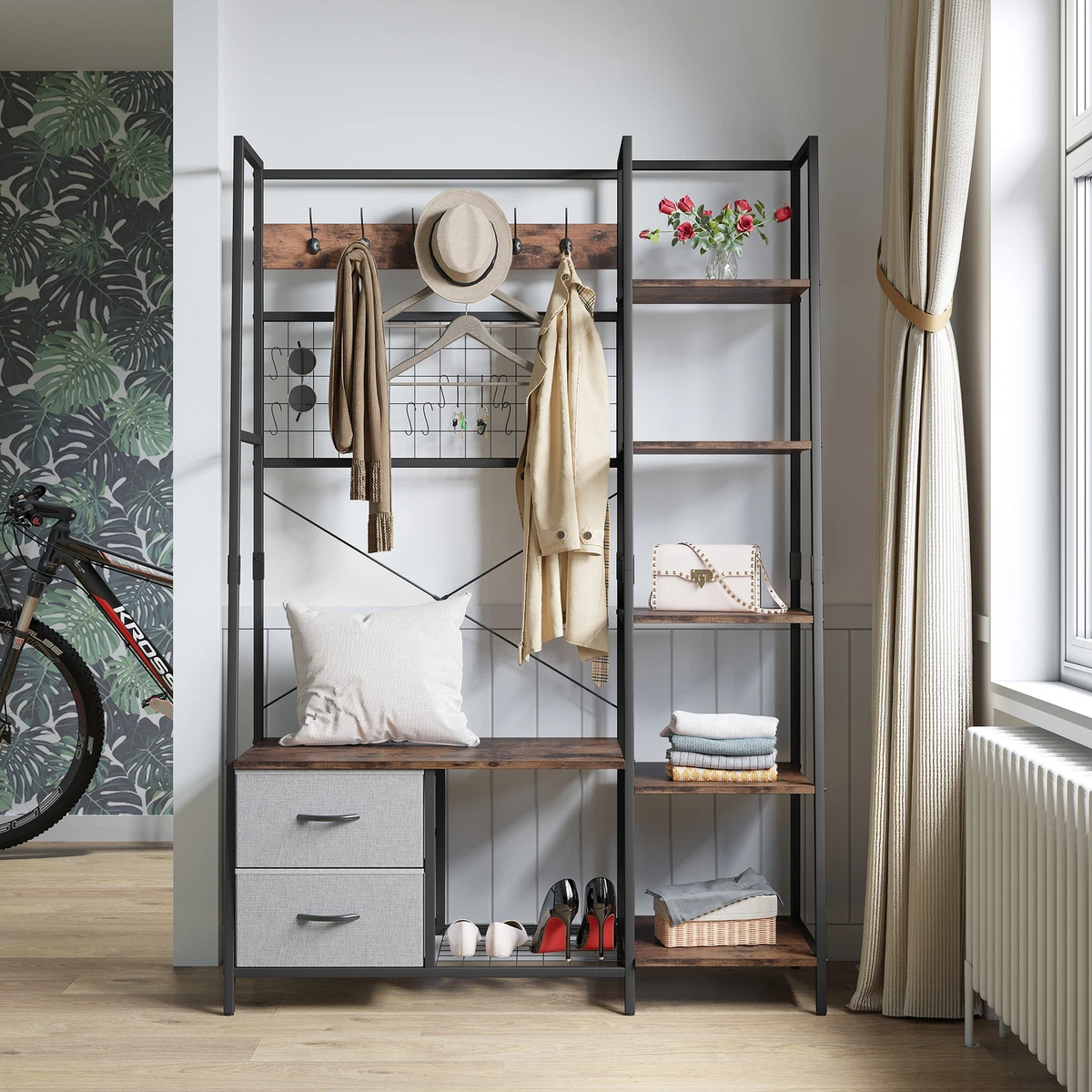 Industrial coat rack with shelf outlet