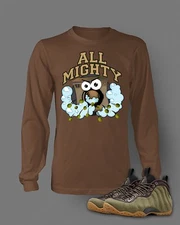 Mens Tee Shirt to match Air Foamposite One Olive Shoe Long Sleeve Brown t shirt 