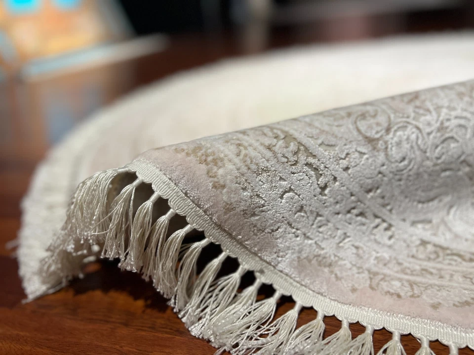 5x5 ft Beige Round Bamboo Rug – Vintage Circle Silk Rug for Home Decor - Image 2 of 4