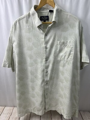 Nat Nast Shirt Mens 2XL Silk Blend Hawaiian Lounge Ivory Green Floral Palms