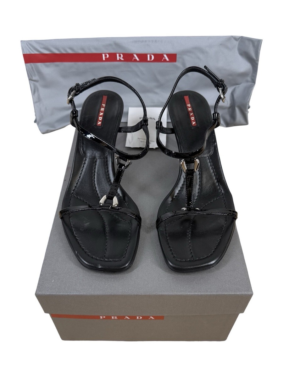 新品　PRADA ブラック エナメル　CALZATURE DONNA 値下げ PRADA Calzature Donna Black Slingback Leather Sandals Women's Size