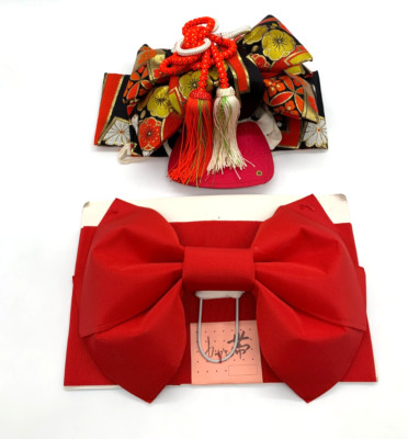Japanese Kimono Belt Pre-tied Obi 2 Piece Set Black and Red Decorative