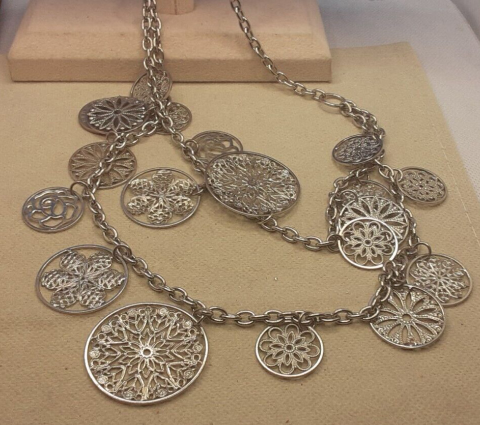 Statement Necklace Silvertone cluster medallions … - image 4