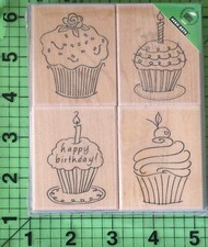 Birthday Cupcakes LL247 Lot of 4 Wood Mounted rubber stamp Set by Hero Arts