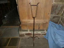 RARE EARLY OLD WROUGHT IRON PENNY FOOT FAT, BETTY LAMP HOLDER HANGER RACK STAND