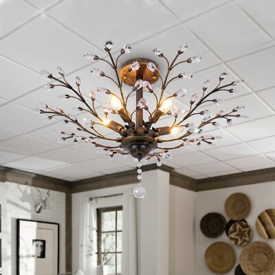 29'' Dia 5-Light Vintage Crystal Branch Close to Ceiling Light Fixture