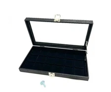 Pocket Watch Black Glass Key Lock Top Lid 18 Space Display Case with Lid Support