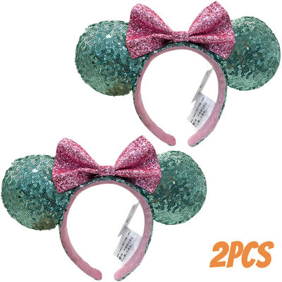 Disney~Parks Aqua Teal Minnie Mouse Ears Sequin Bow Pink Sugar Rush Headband 2pc
