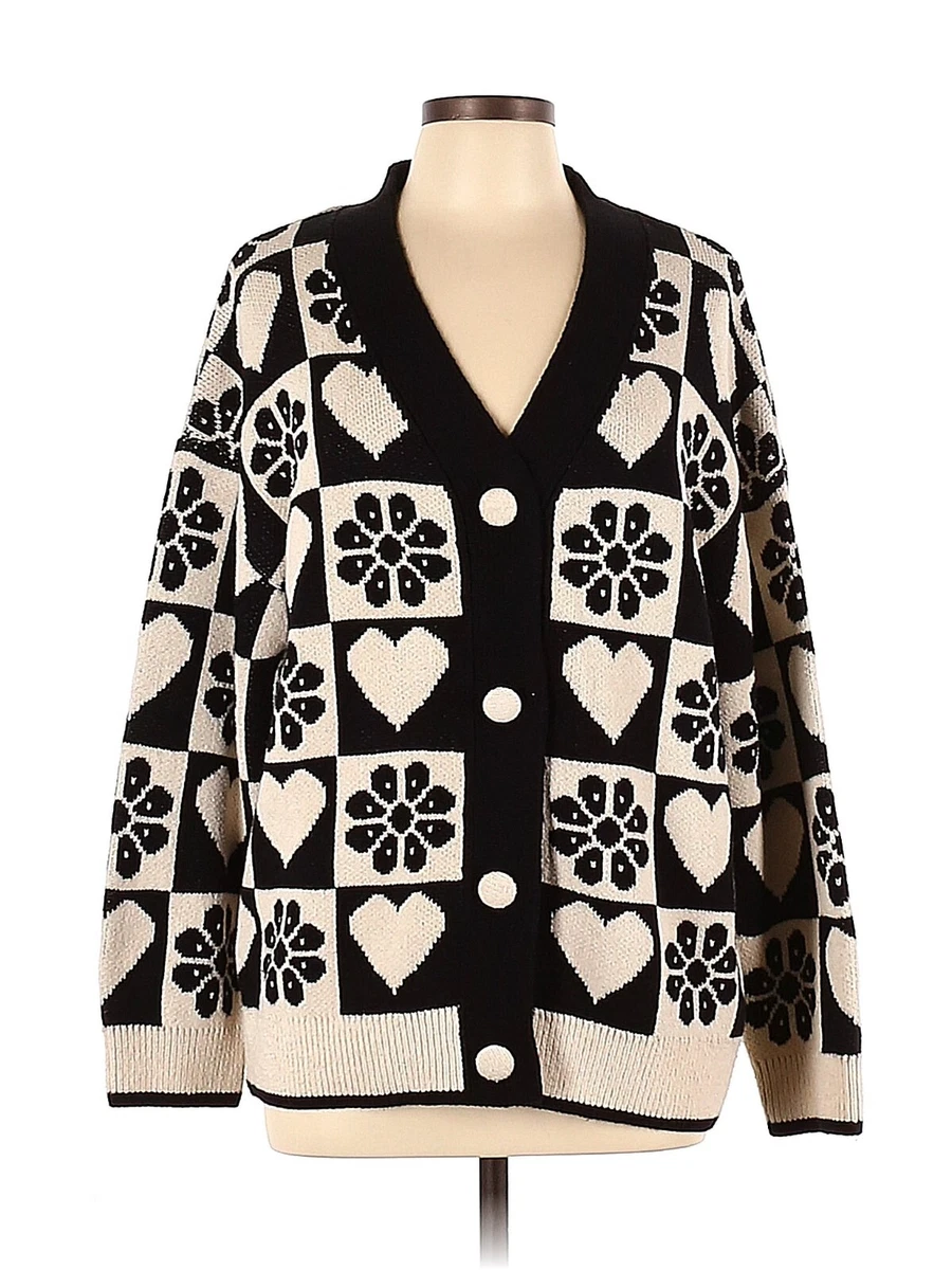 ZARA Black Ivory Knit Jacquard Cardigan L