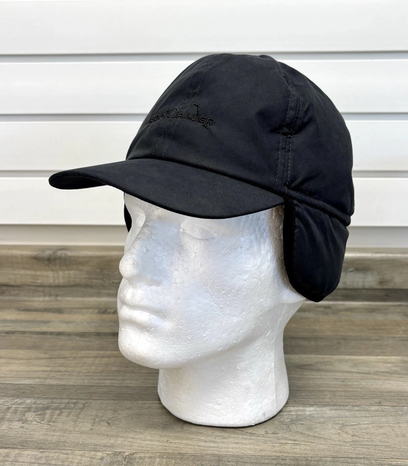 Eddie Bauer Goose Down Filled Trapper Hat Cap~Ear Flaps~L/XL~Black~Fleece Lined
