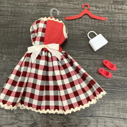 Vintage Barbie Size 1960s Outfit Set - Red Plaid Dress & Accessories
