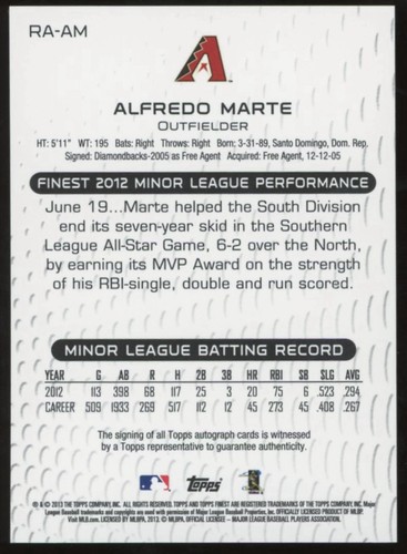 2013 Finest #RA-AM Alfredo Marte Rookie Autographs Refractors - Picture 2 of 2