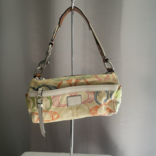 Coach Monogram Signature C Logo Barrel Shoulder Bag Purse White Rainbow 10677