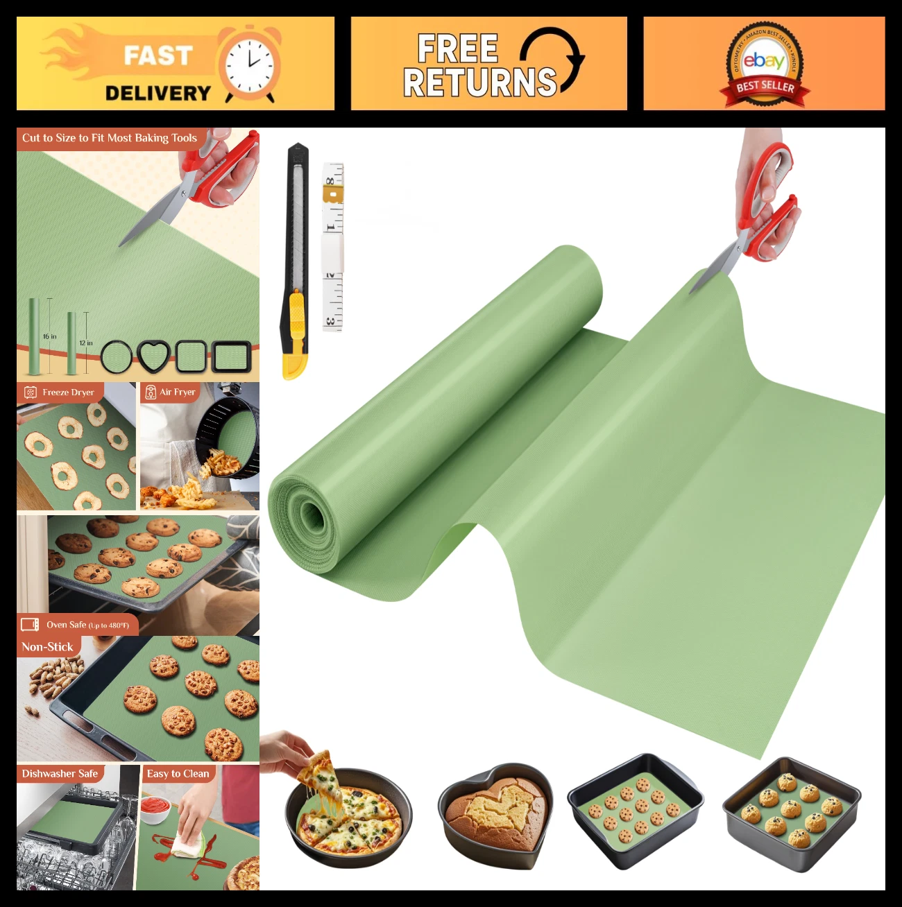 Non-Stick Silicone Baking Mat 12"x6' - Reusable Dough & Pastry Sheet, Air Fryer
Opens in a new windo
