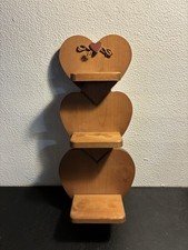 Vintage Solid Wooden Heart 3 Tier Hanging Shelf Bow Heart Farm Cottage Granny
