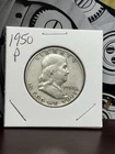 US 90% Silver 1950-P Franklin Half Dollar AU – Nice Book Filler