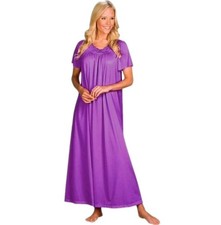 Shadowline Sleep Dress Woman Large Purple Satin Nylon Floral Lace Trim Nightgown