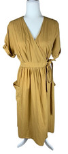 Womens Urban Outfitters Yellow Linen Blend Short Sleeve V-Neck Midi Wrap Dress M
