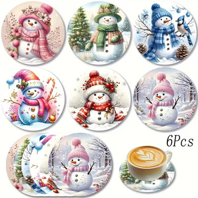Set aus 6 klassischen Holzuntersetzern mit Schneemannmotiv, hitzebeständig & handwaschbar 