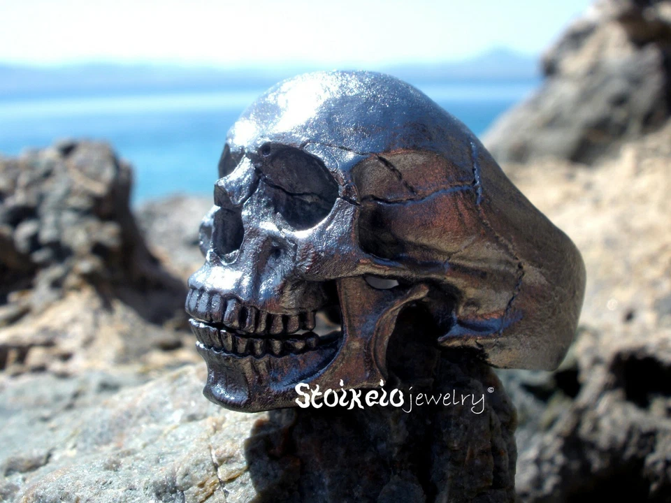 Black Gold Plated Skull Men's Ring, Solid Sterling Silver Handmade Skull Ring - Image 4 of 4