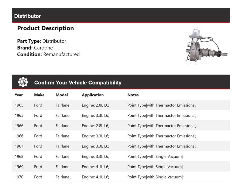 适用于 1965 - 1970 福特 Fairlane 分销商 Cardone 1966 1967 1968 1969 — 第 2/4 张图片