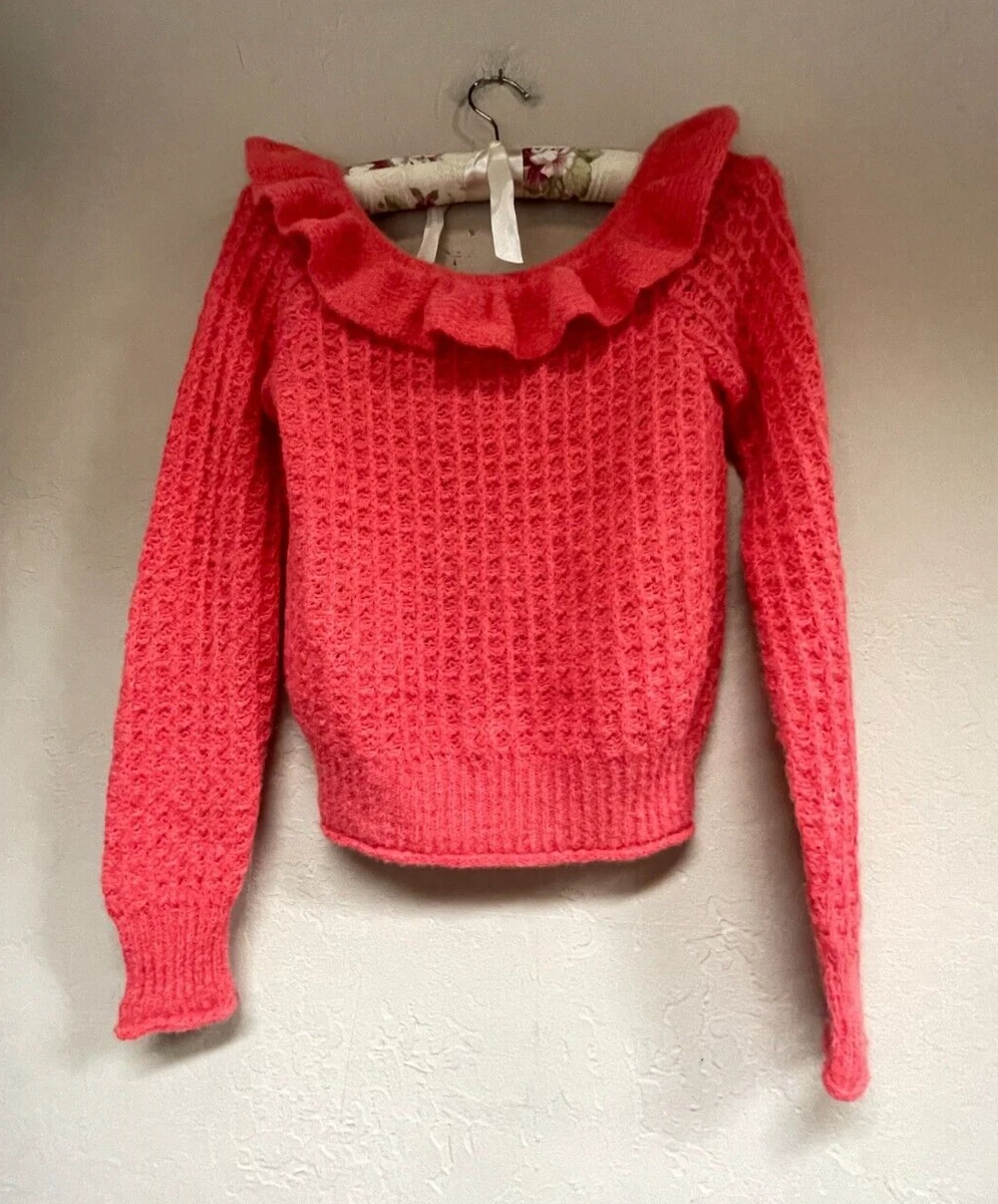 Anthropologie Womens XS Ruffle Neck Off The Shoulder Waffle Knit