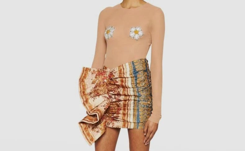 $610 Just Cavalli Women Beige Floral Embroidered Patches Tulle Blouse Top Size L