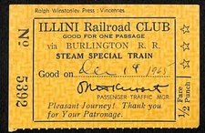 Illini Railroad Club 1965 Burlington Steam Special Train Ticket 5392 Bloomquist*