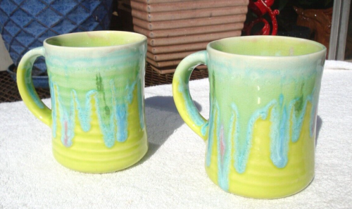 2 Handcrafted Art Pottery Mugs Signed Studio Bright Green Turquoise Drip Glaze - Picture 2 of 11