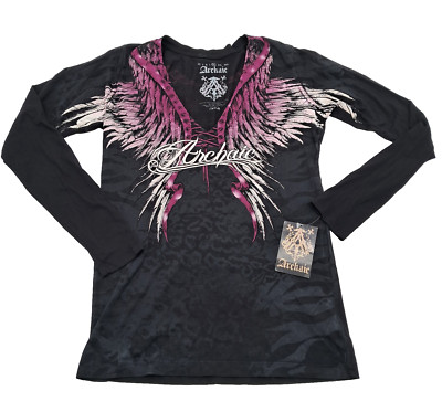 NEW Archaic Affliction Womens XL Long Sleeve Shirt Biker Tattoo Wings Angel Y2K