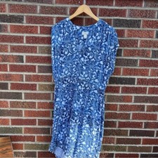 LOFT White and Blue Paisley Print Dolman Sleeve Drawstring Waist Shift Dress