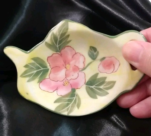 Vintage Tea Bag Rest Holder Genuine Porcelain 4" L Pink Floral Green Yellow VGC - Picture 3 of 10