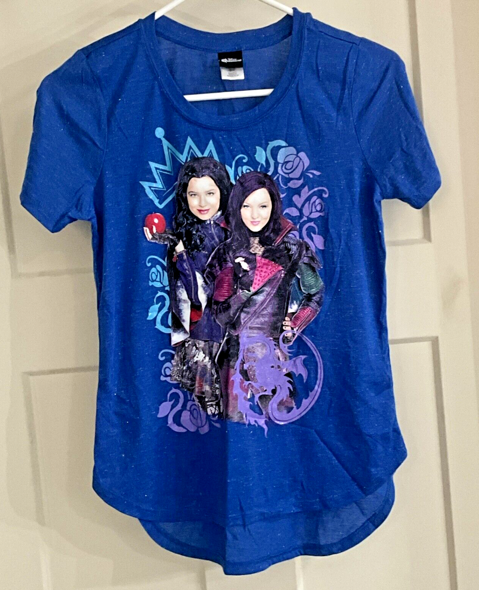 DISNEY DESCENDANTS GIRLS MAL & EVIE BLUE SHINY T-SHIRT SIZE XL 14