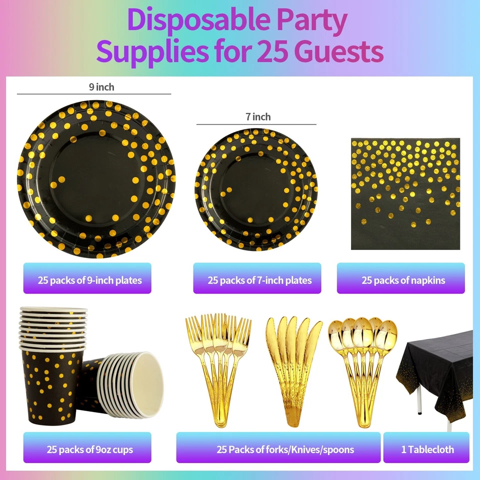 Juego de fiesta desechable negro y dorado 176 piezas - platos, tazas, servilletas, cubiertos Foto 3 de 4