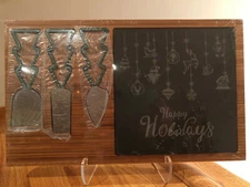 Harry & David Happy Holidays 5 pc Bamboo Slate Cheese Cutting Bd w/ Knives ~ NIB
