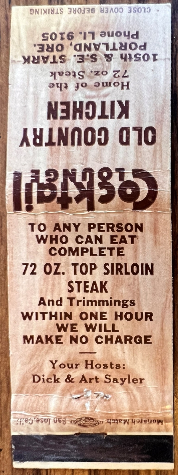 Old Country Kitchen Portland OR Oregon 72 oz Steak Vintage Matchbook